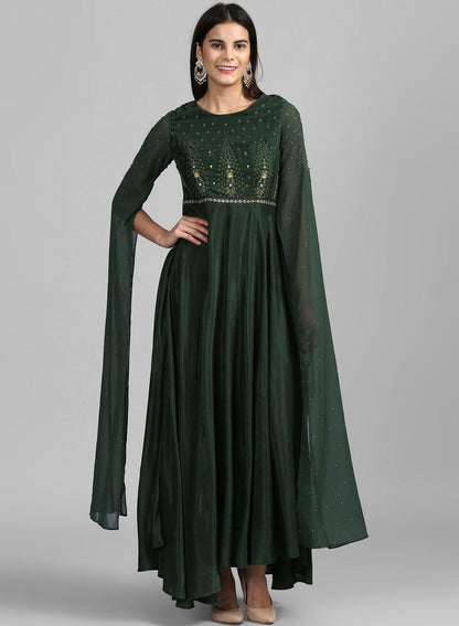 Green Round Neck Embroidered Gown - wforwoman