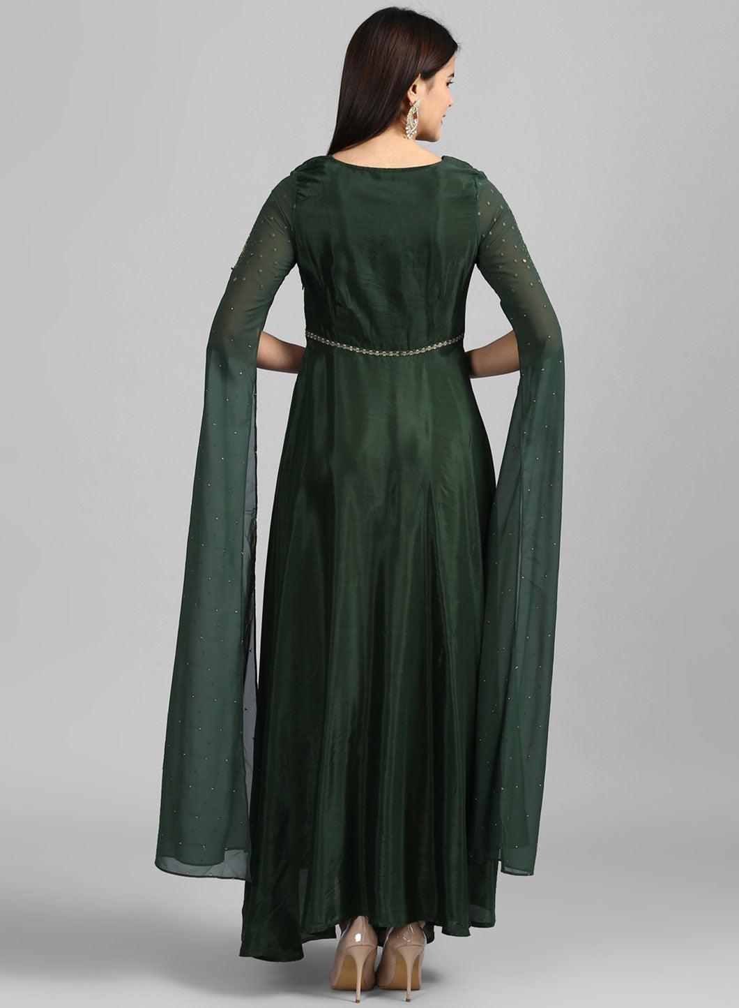 Green Round Neck Embroidered Gown - wforwoman