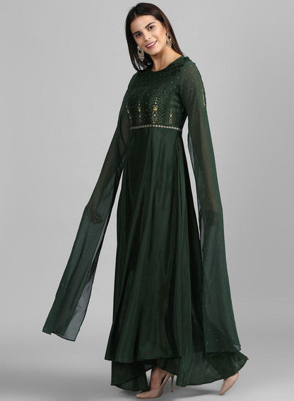 Green Round Neck Embroidered Gown - wforwoman