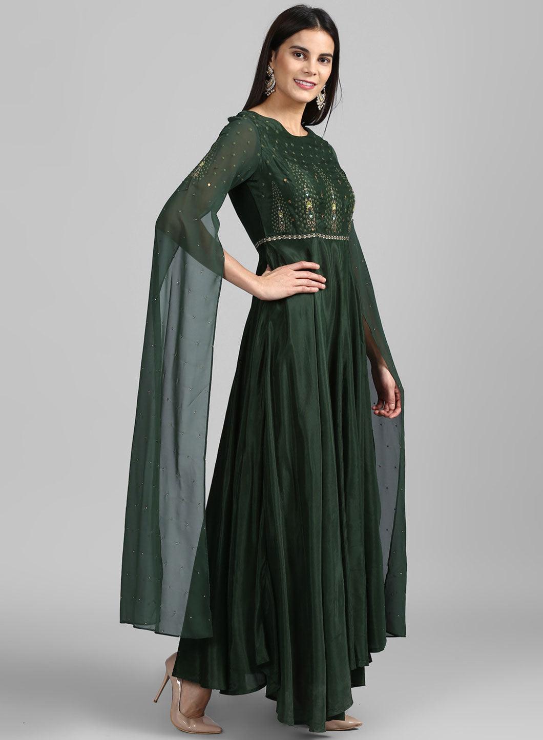 Green Round Neck Embroidered Gown - wforwoman