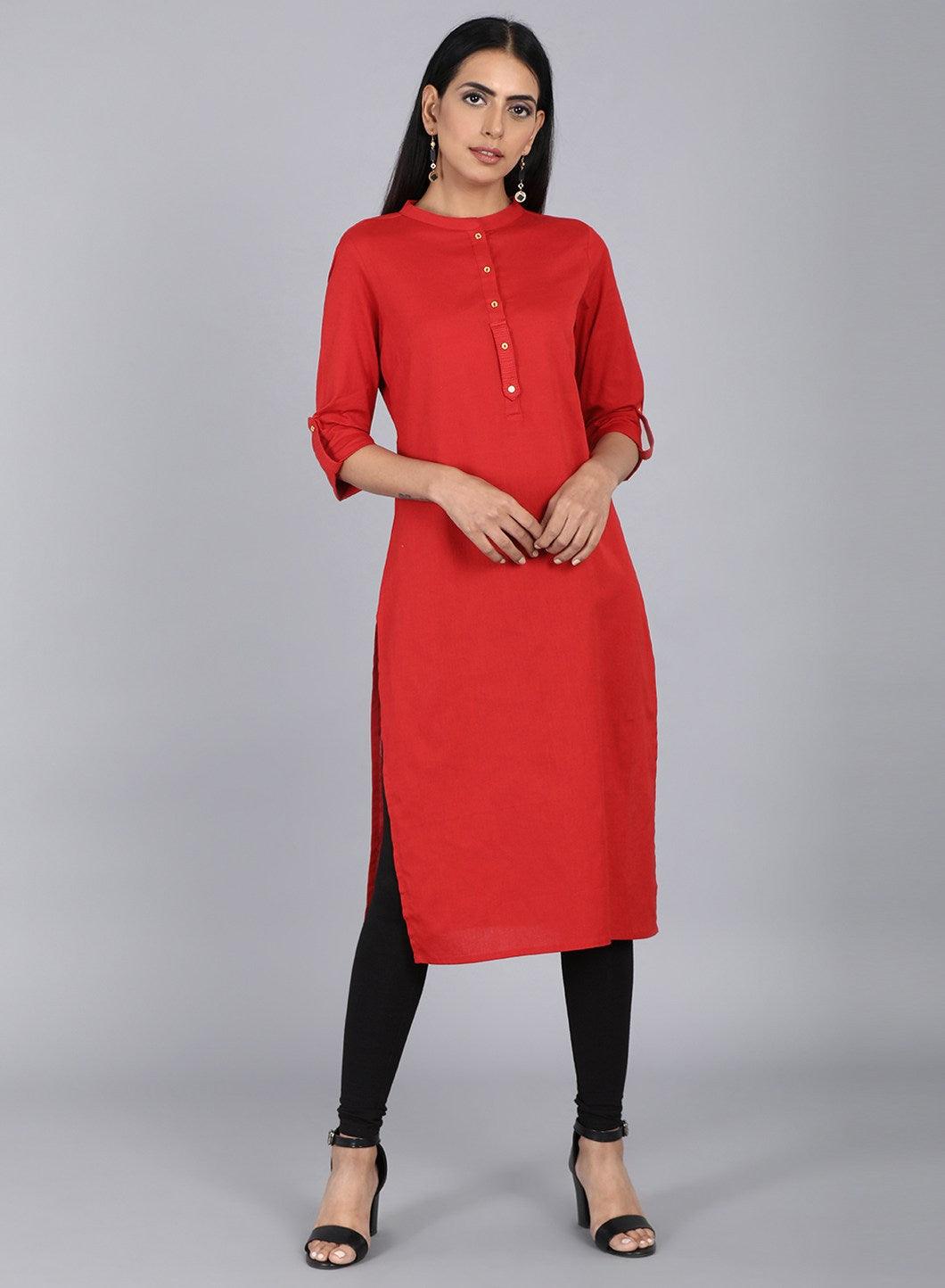 Orange Mandarin Neck Solid kurta - wforwoman