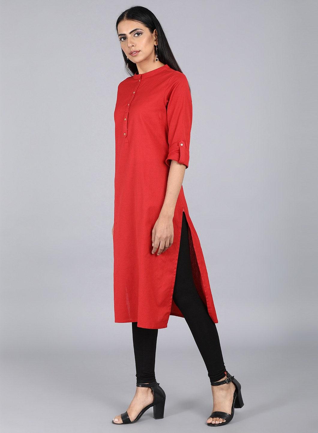 Orange Mandarin Neck Solid kurta - wforwoman