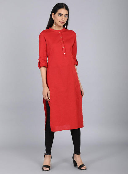 Orange Mandarin Neck Solid kurta - wforwoman