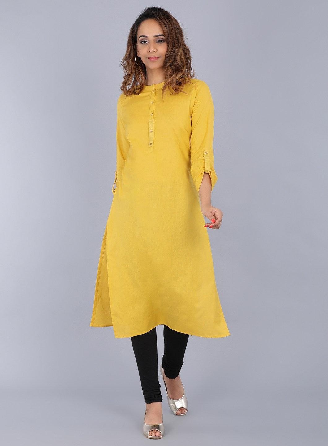 Yellow Mandarin Neck Solid kurta - wforwoman