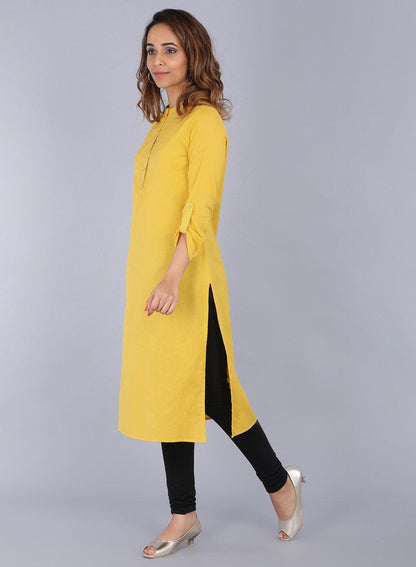 Yellow Mandarin Neck Solid kurta - wforwoman