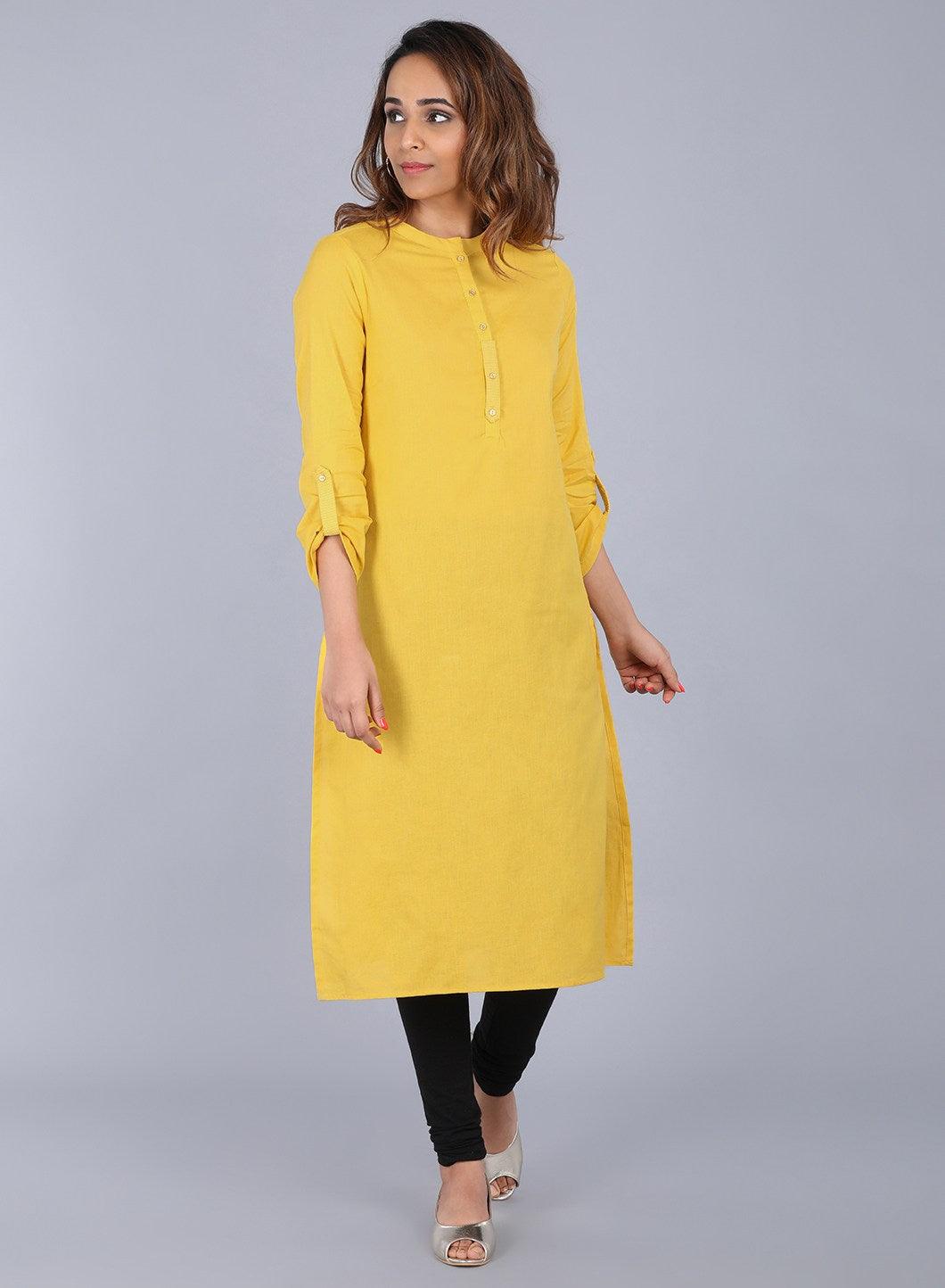 Yellow Mandarin Neck Solid kurta - wforwoman