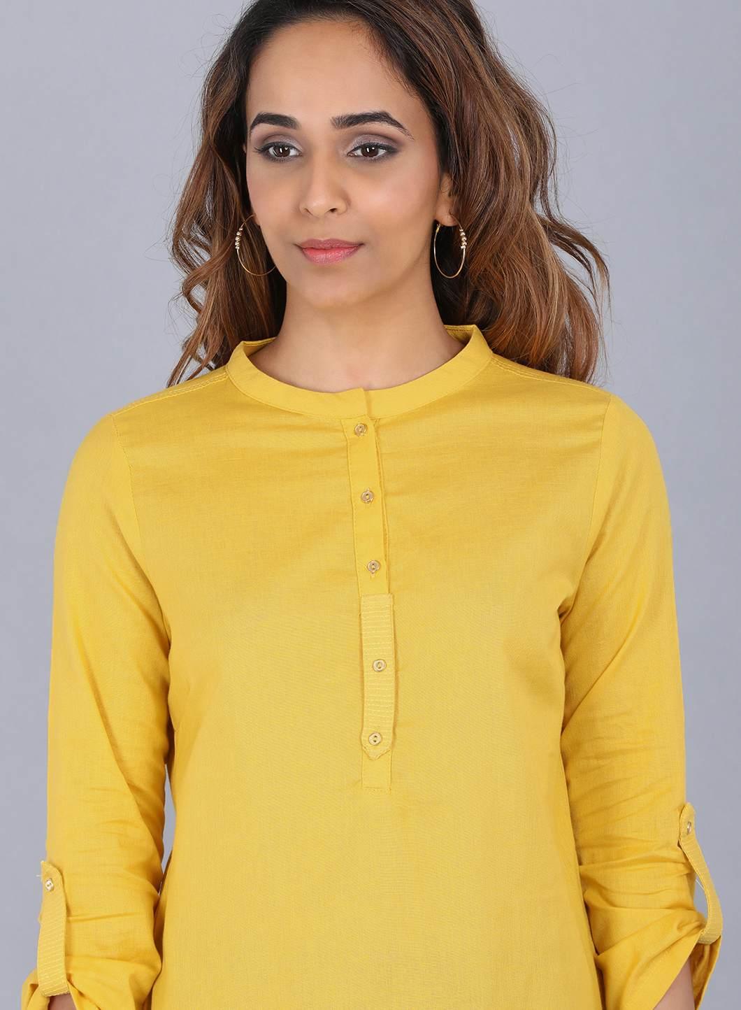 Yellow Mandarin Neck Solid kurta - wforwoman