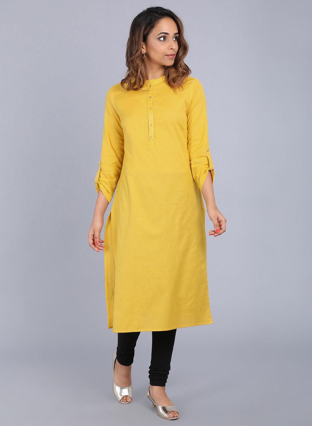 Yellow Mandarin Neck Solid kurta - wforwoman