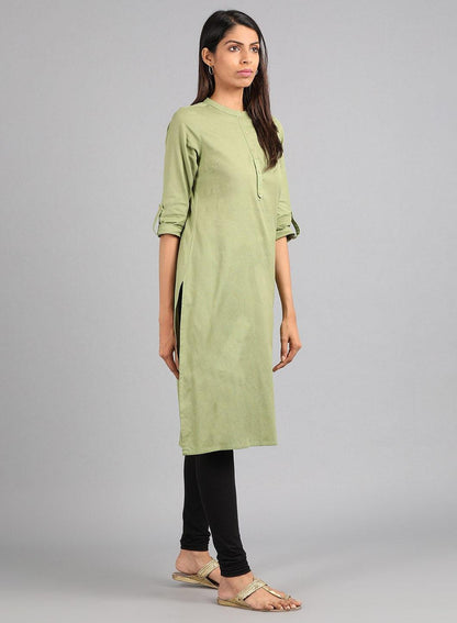 Green Mandarin Neck Solid kurta - wforwoman