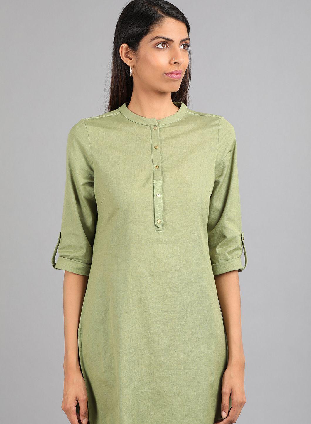 Green Mandarin Neck Solid kurta - wforwoman