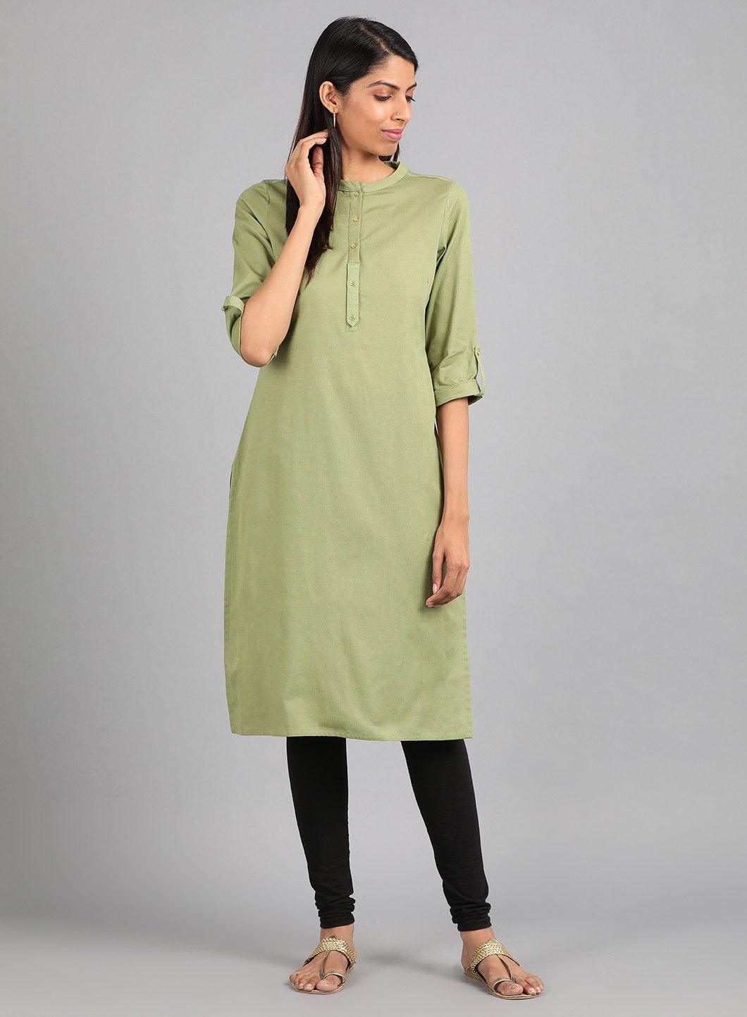 Green Mandarin Neck Solid kurta - wforwoman