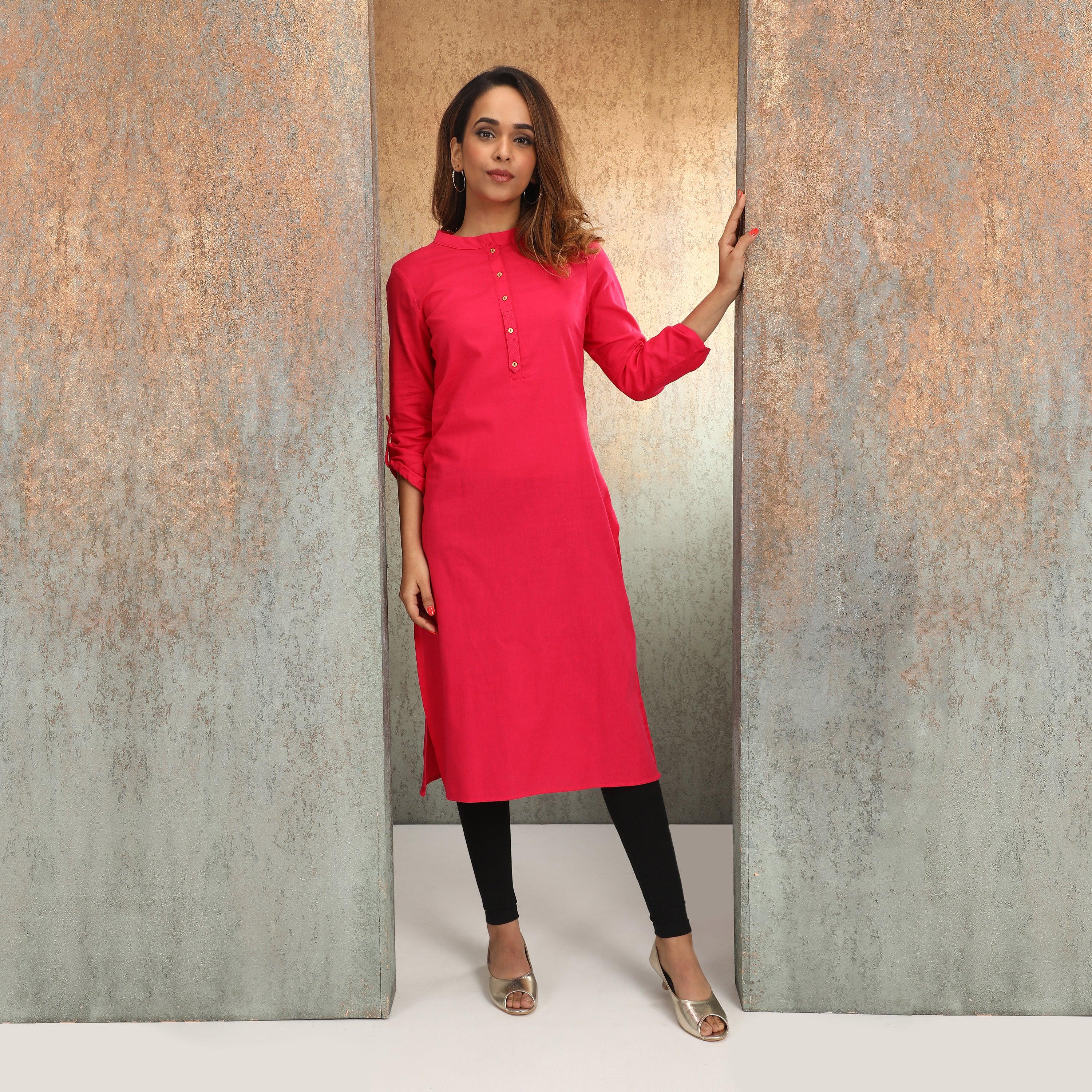 Pink Mandarin Neck kurta - wforwoman