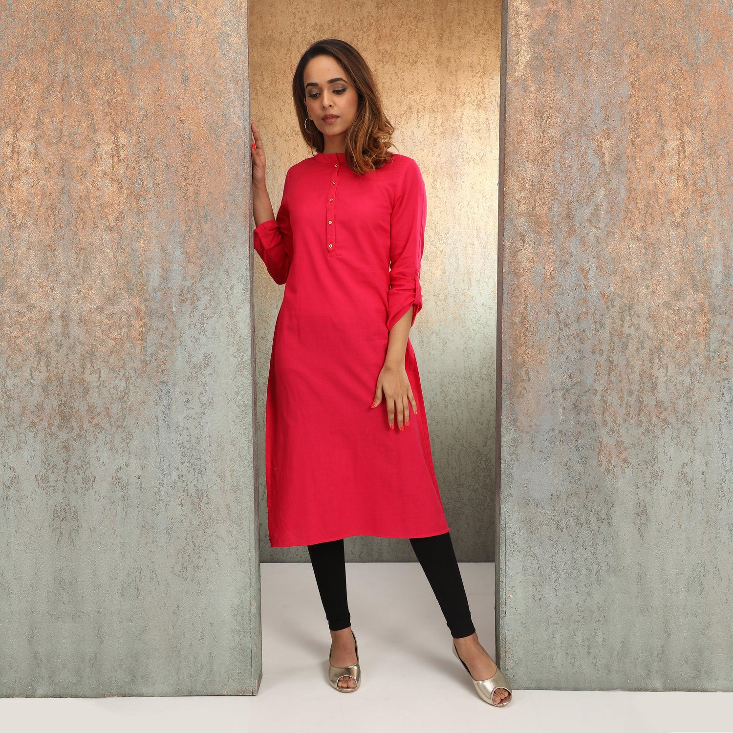 Pink Mandarin Neck kurta - wforwoman