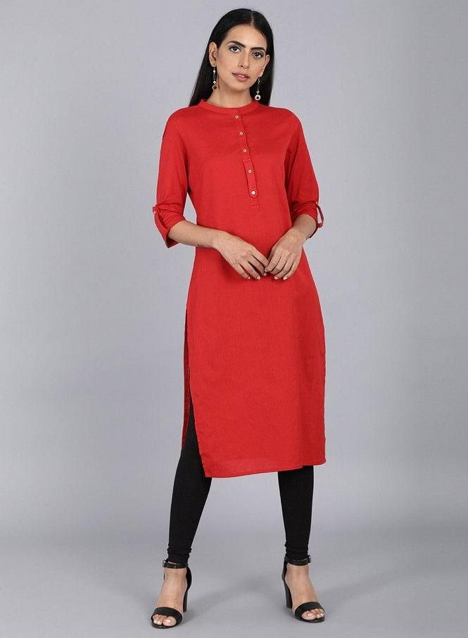 Orange Mandarin Neck Solid kurta - wforwoman