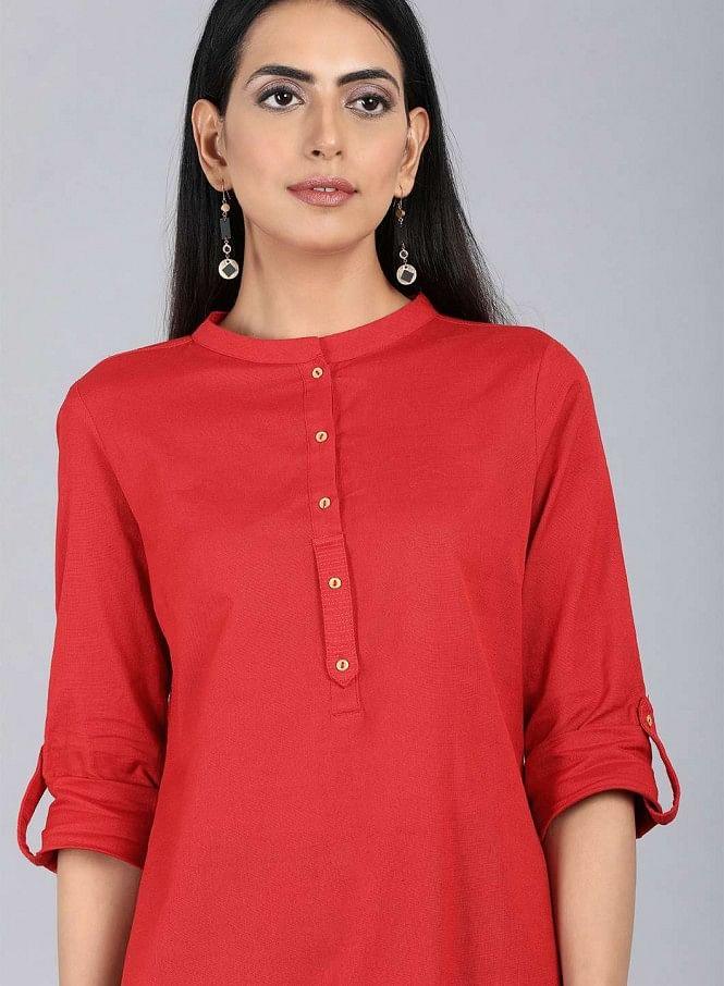 Orange Mandarin Neck Solid kurta - wforwoman