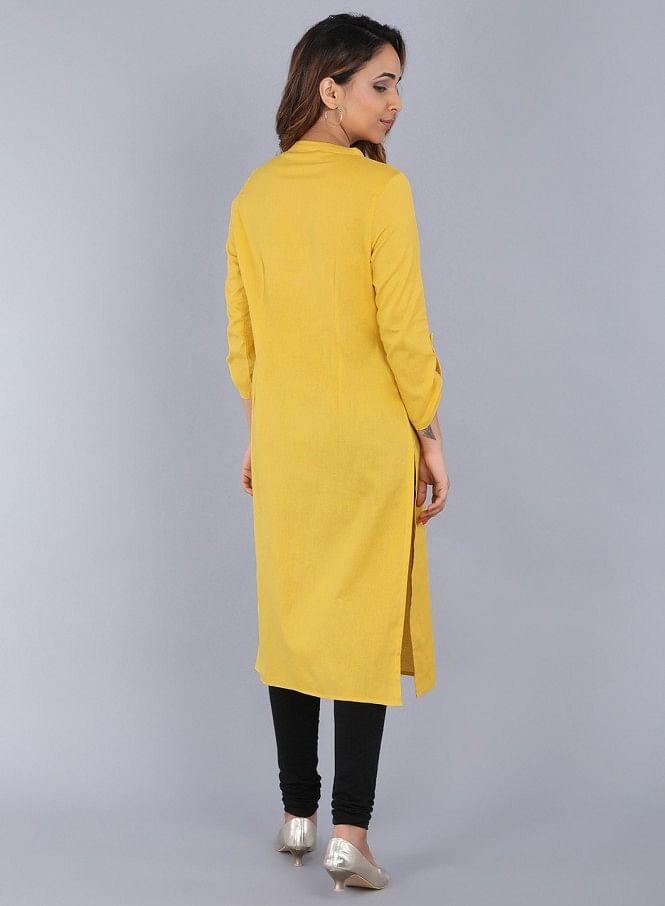 Yellow Mandarin Neck Solid kurta - wforwoman