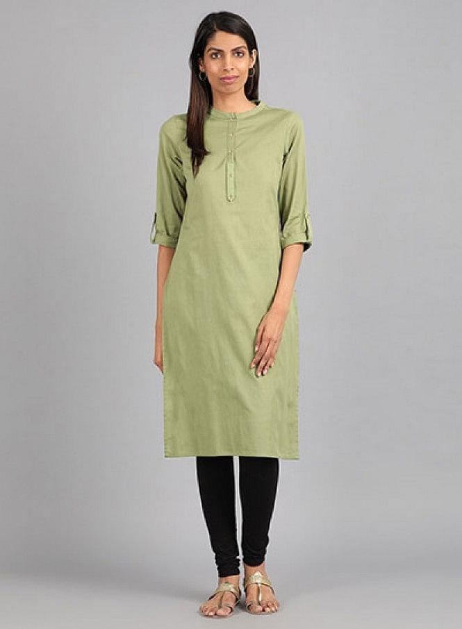 Green Mandarin Neck Solid kurta - wforwoman