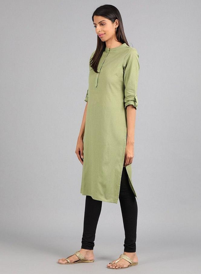 Green Mandarin Neck Solid kurta - wforwoman