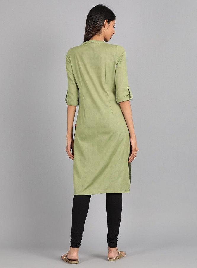 Green Mandarin Neck Solid kurta - wforwoman