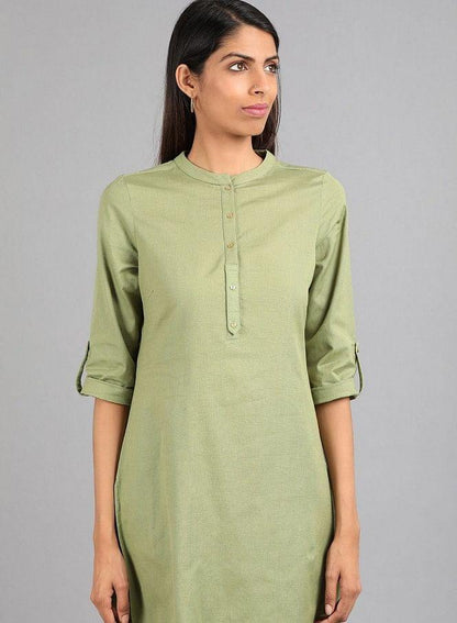 Green Mandarin Neck Solid kurta - wforwoman