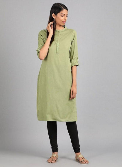 Green Mandarin Neck Solid kurta - wforwoman