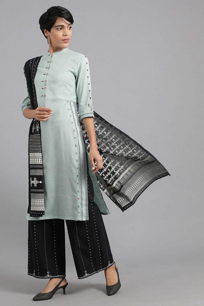 Blue Mandarin Neck Solid Khadi kurta - wforwoman