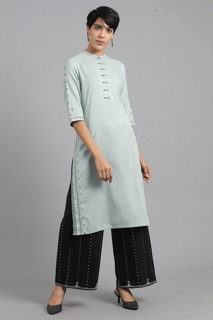 Blue Mandarin Neck Solid Khadi kurta - wforwoman