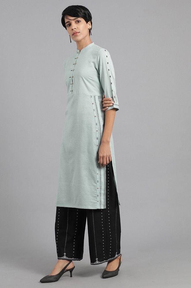 Blue Mandarin Neck Solid Khadi kurta - wforwoman