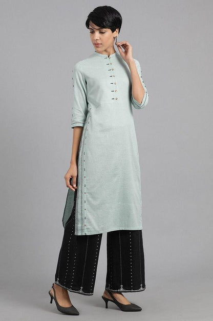 Blue Mandarin Neck Solid Khadi kurta - wforwoman