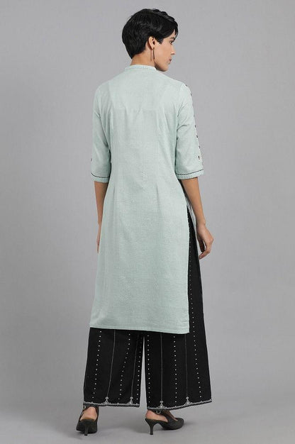 Blue Mandarin Neck Solid Khadi kurta - wforwoman