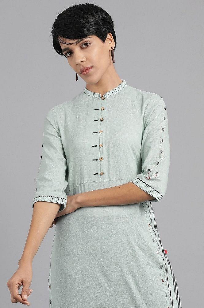 Blue Mandarin Neck Solid Khadi kurta - wforwoman