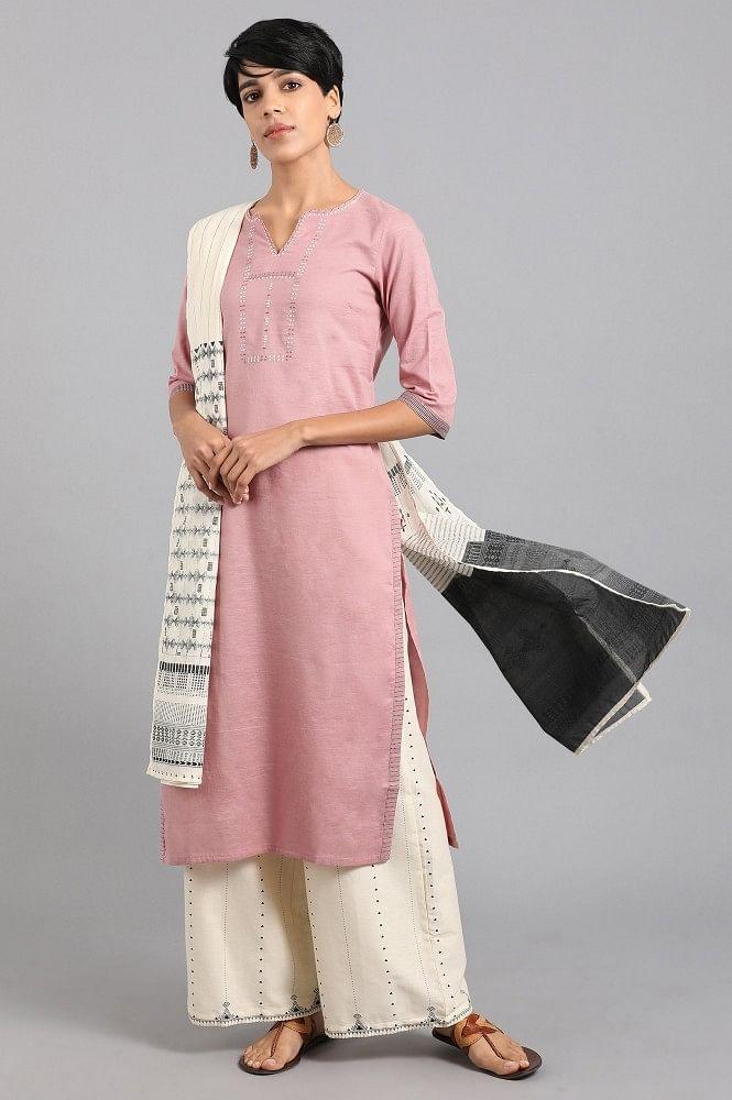 Pink Round Neck Solid Khadi kurta - wforwoman