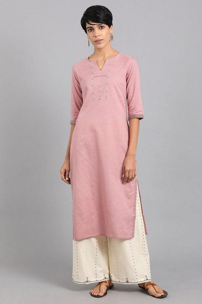 Pink Round Neck Solid Khadi kurta - wforwoman