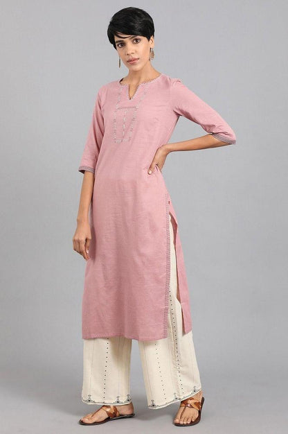 Pink Round Neck Solid Khadi kurta - wforwoman