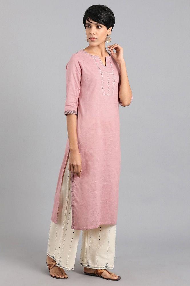 Pink Round Neck Solid Khadi kurta - wforwoman