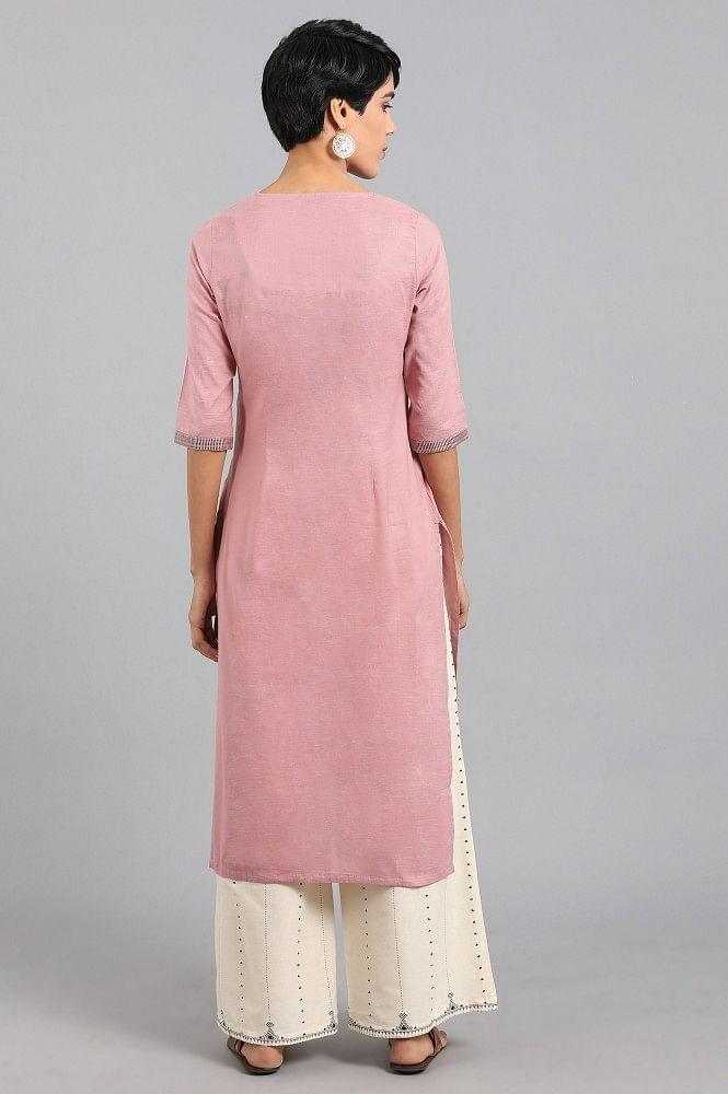 Pink Round Neck Solid Khadi kurta - wforwoman