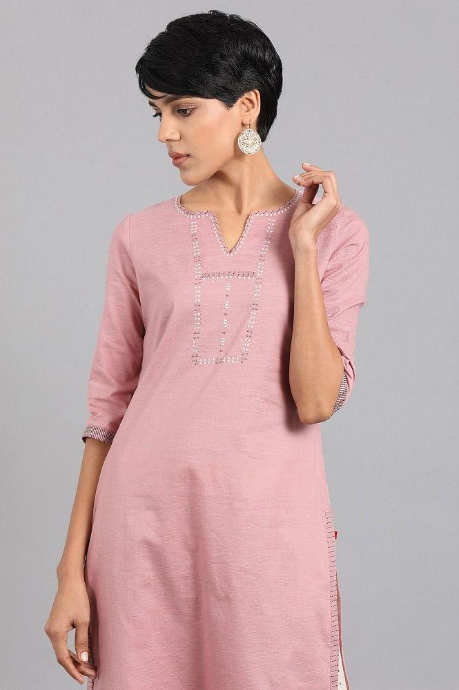 Pink Round Neck Solid Khadi kurta - wforwoman