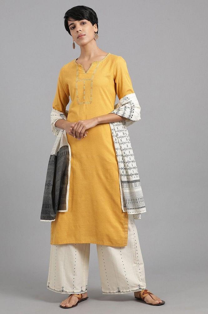 Yellow Round Neck Solid Khadi kurta - wforwoman