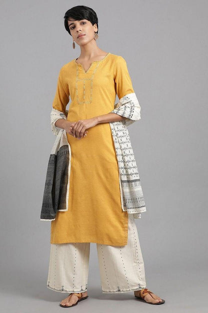 Yellow Round Neck Solid Khadi kurta - wforwoman