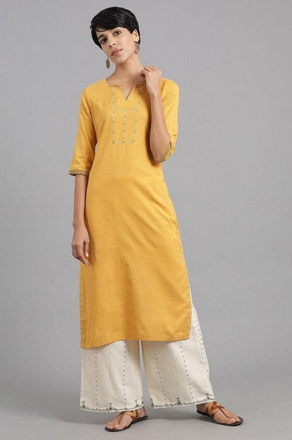 Yellow Round Neck Solid Khadi kurta - wforwoman