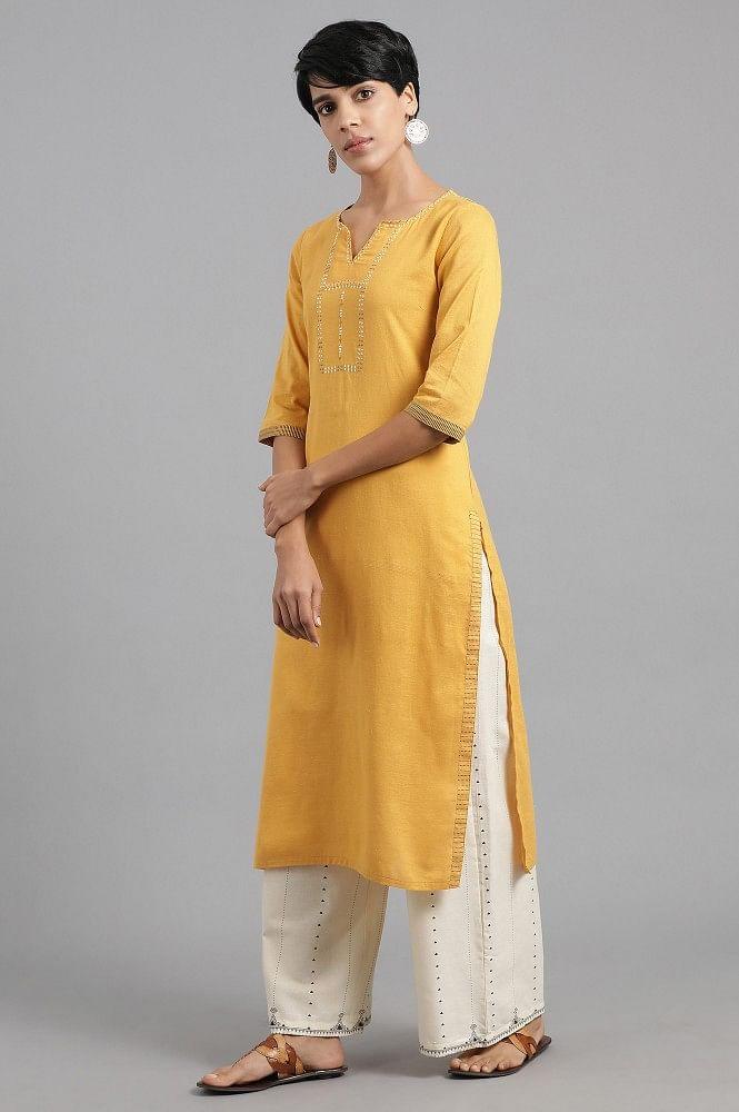 Yellow Round Neck Solid Khadi kurta - wforwoman