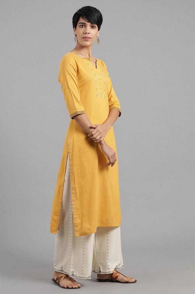 Yellow Round Neck Solid Khadi kurta - wforwoman