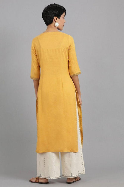 Yellow Round Neck Solid Khadi kurta - wforwoman