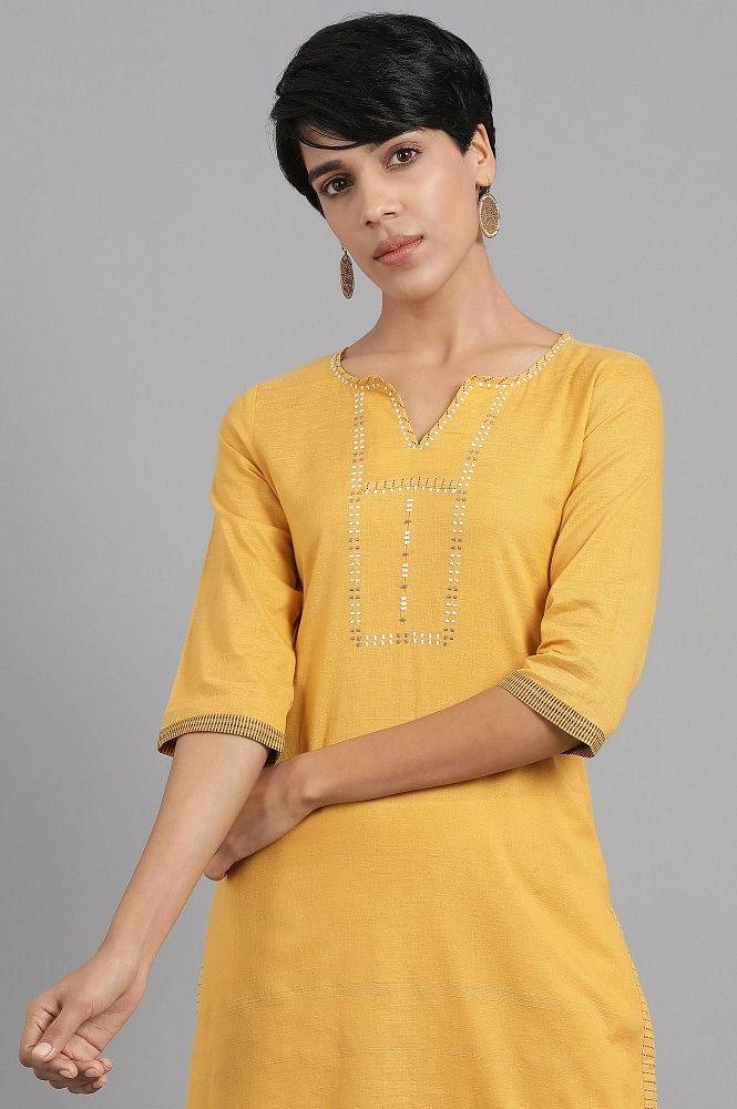 Yellow Round Neck Solid Khadi kurta - wforwoman