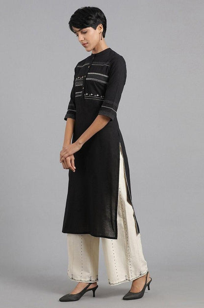 Black Mandarin Neck Khadi kurta - wforwoman