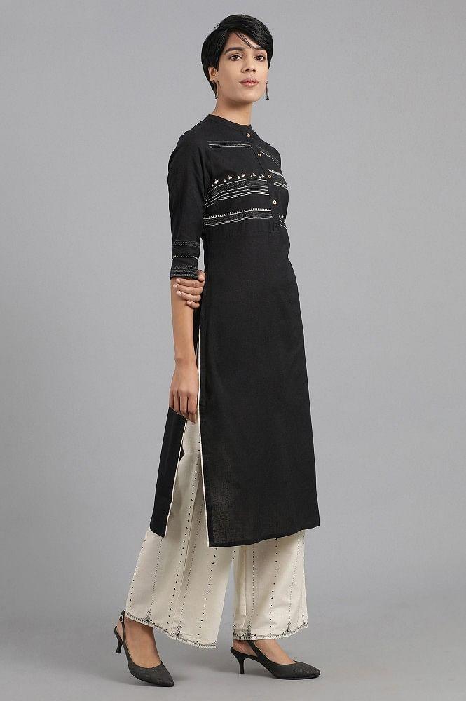 Black Mandarin Neck Khadi kurta - wforwoman