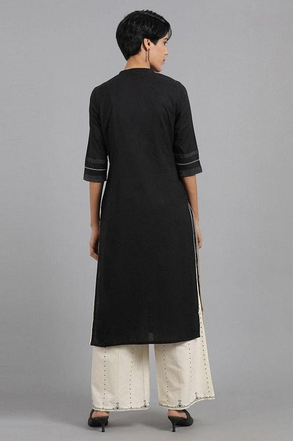 Black Mandarin Neck Khadi kurta - wforwoman