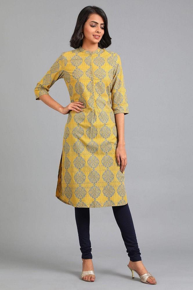 Yellow Mandarin Neck Printed kurta - wforwoman