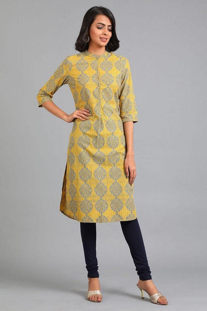 Yellow Mandarin Neck Printed kurta - wforwoman