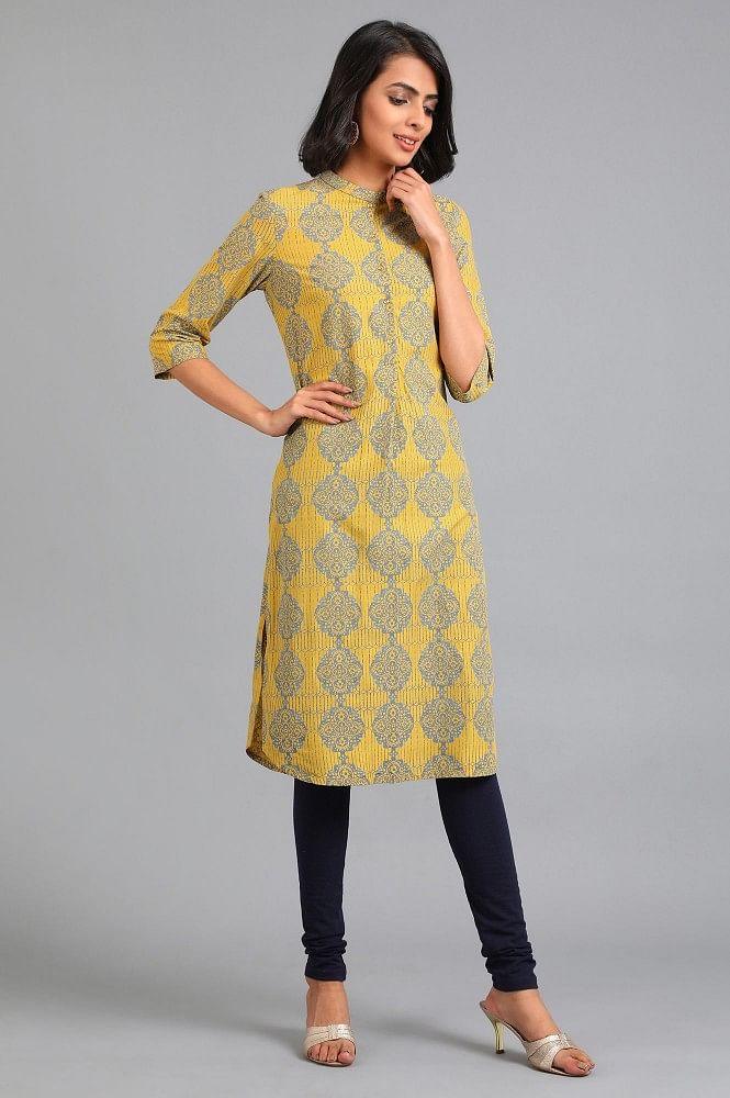 Yellow Mandarin Neck Printed kurta - wforwoman